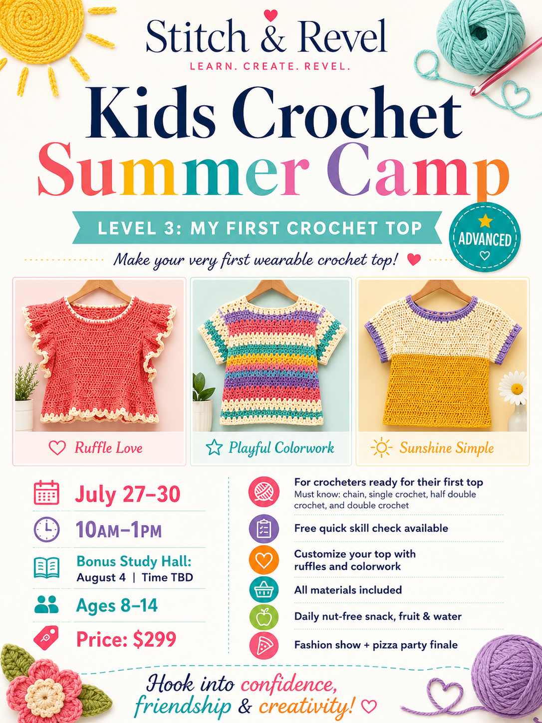 Kids Crochet Summer Camp - My first Crochet Top - Mon 7/27 - Thu 7/30 + Tues 8/4 10am-1pm