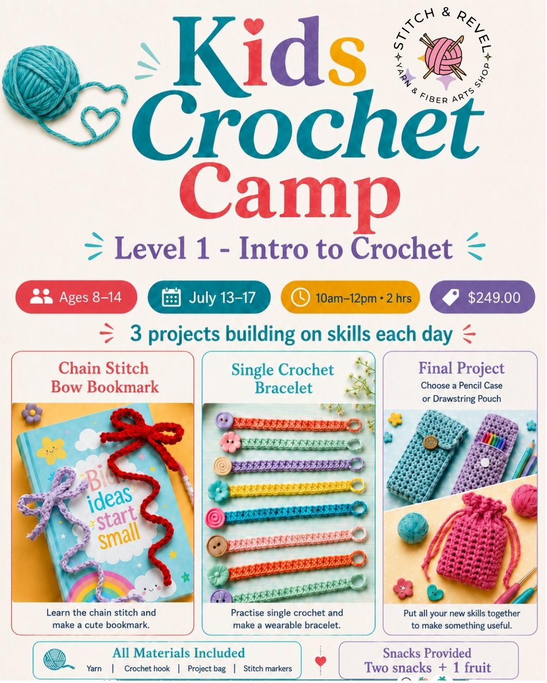 Kids Summer Camp - Intro to Crochet - Mon 7/13-Fri 7/17 - 10am-12:00pm