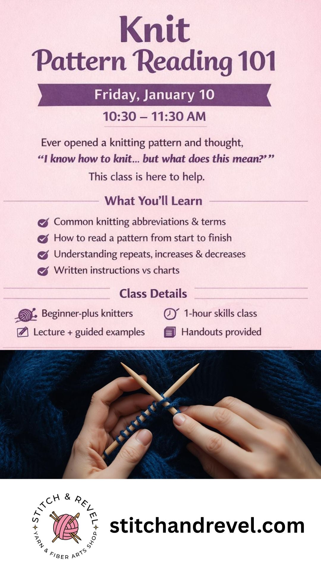 Knit Pattern Reading Class - Sat Jan 10th: 10:30-11:30am