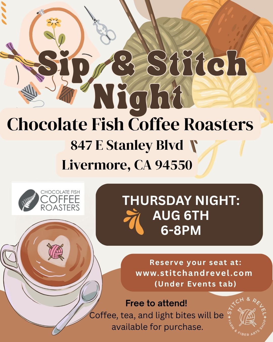 Sip & Stitch Night @ Chocolate Fish Coffee - Thu Aug 6th - 6-8pm