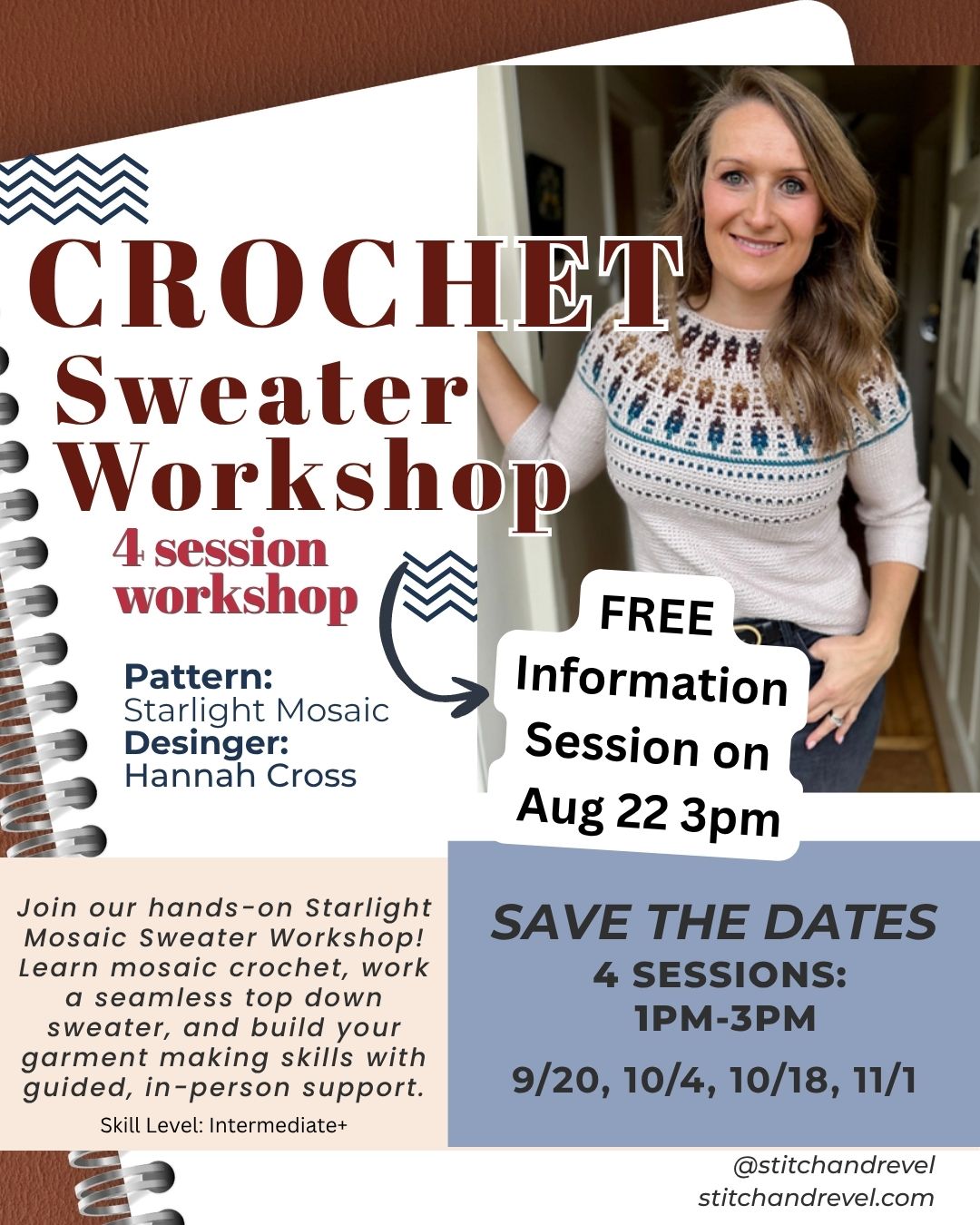 Crochet Sweater Workshop - Sun 9/20, 10/4, 10/18, 11/1 : 1-3pm