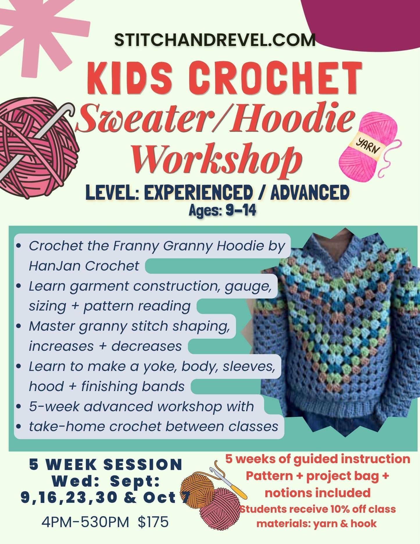 Kids Advanced Crochet Sweater Workshop - Wed Sep 9, 16, 23, 30 & Oct 7
