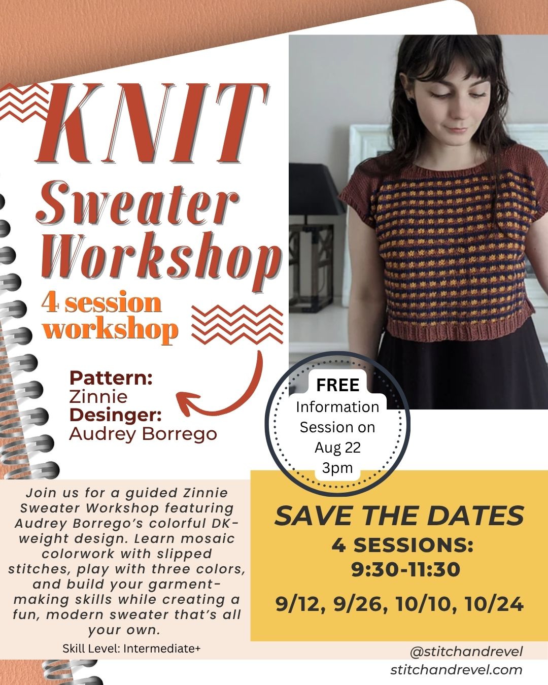 Knit Sweater Workshop - Sat 9/12, 9/26, 10/10, 10/24: 9:30am-11:30am