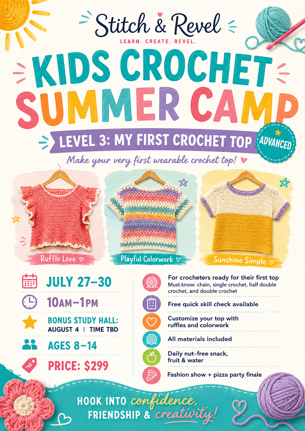 Kids Crochet Summer Camp - My first Crochet Top - Mon 7/27 - Thu 7/30 + Tues 8/4  10am-1pm