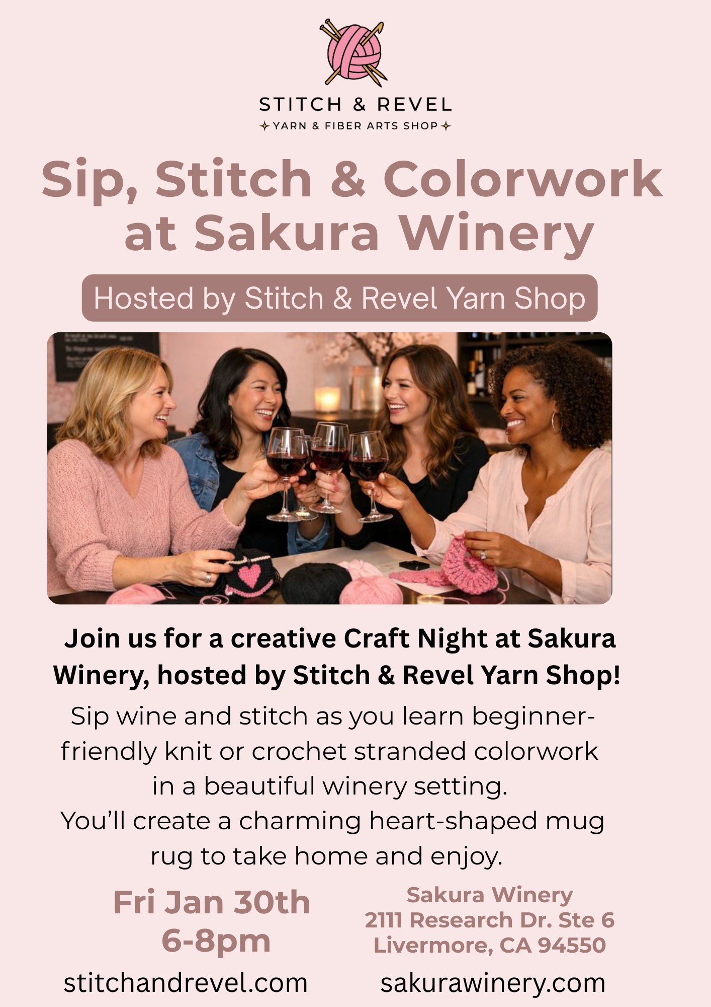 Sip, Stitch & Colorwork @ Sakura Winery - Fri, Jan 30th 6-8pm