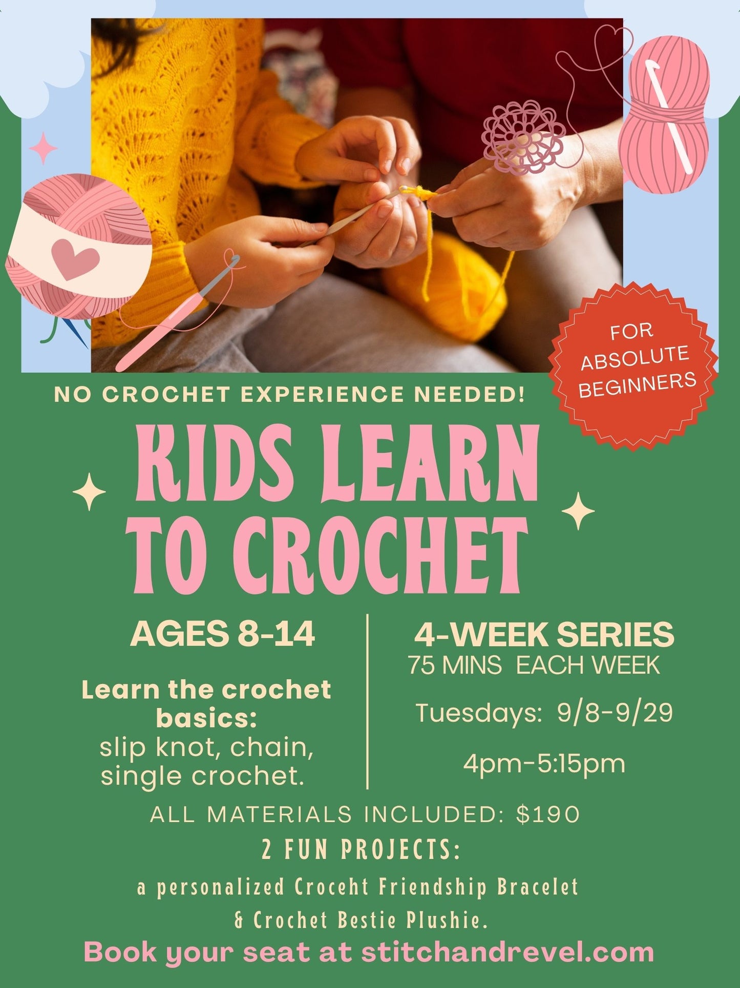 Kids Learn to Crochet - Tue Sep 8, 15, 22, 29