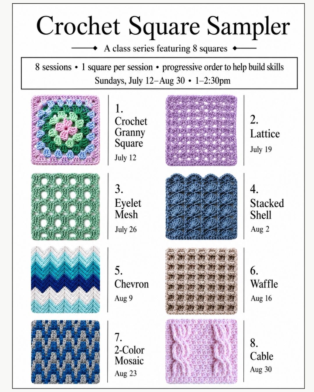 Summer of Squares - Crochet  7/12-8/30 1-2:30